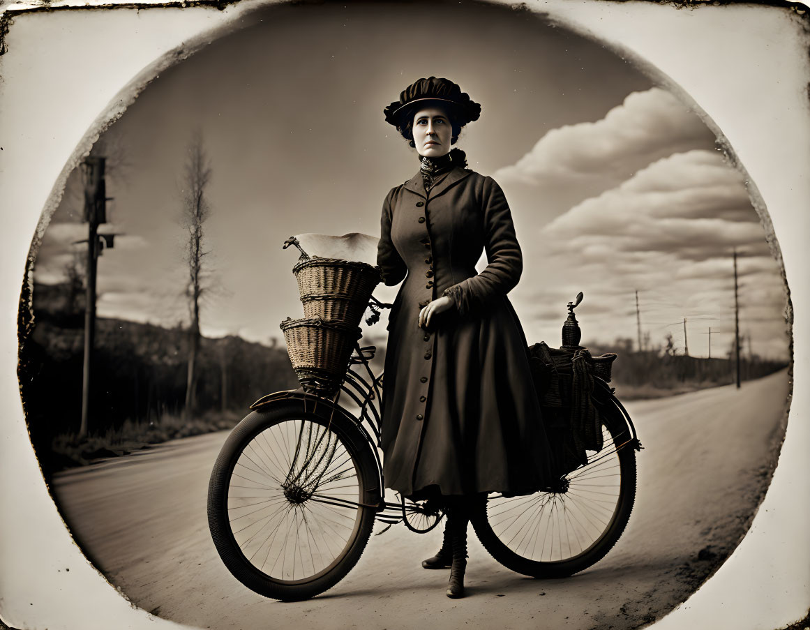 Vintage-styled photo of woman with hat next to bicycle on road