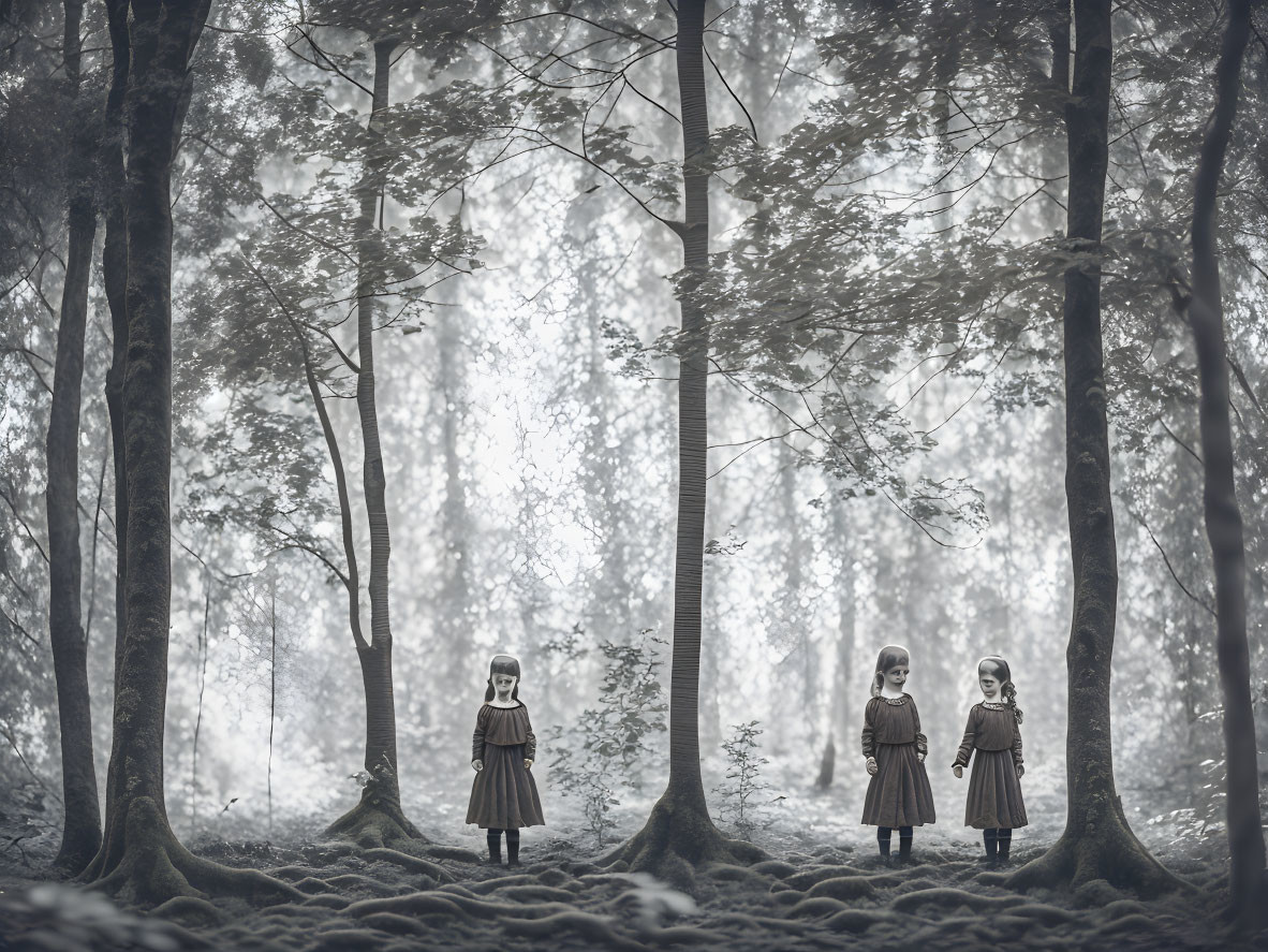 Three obscured individuals in dark dresses in a mysterious forest