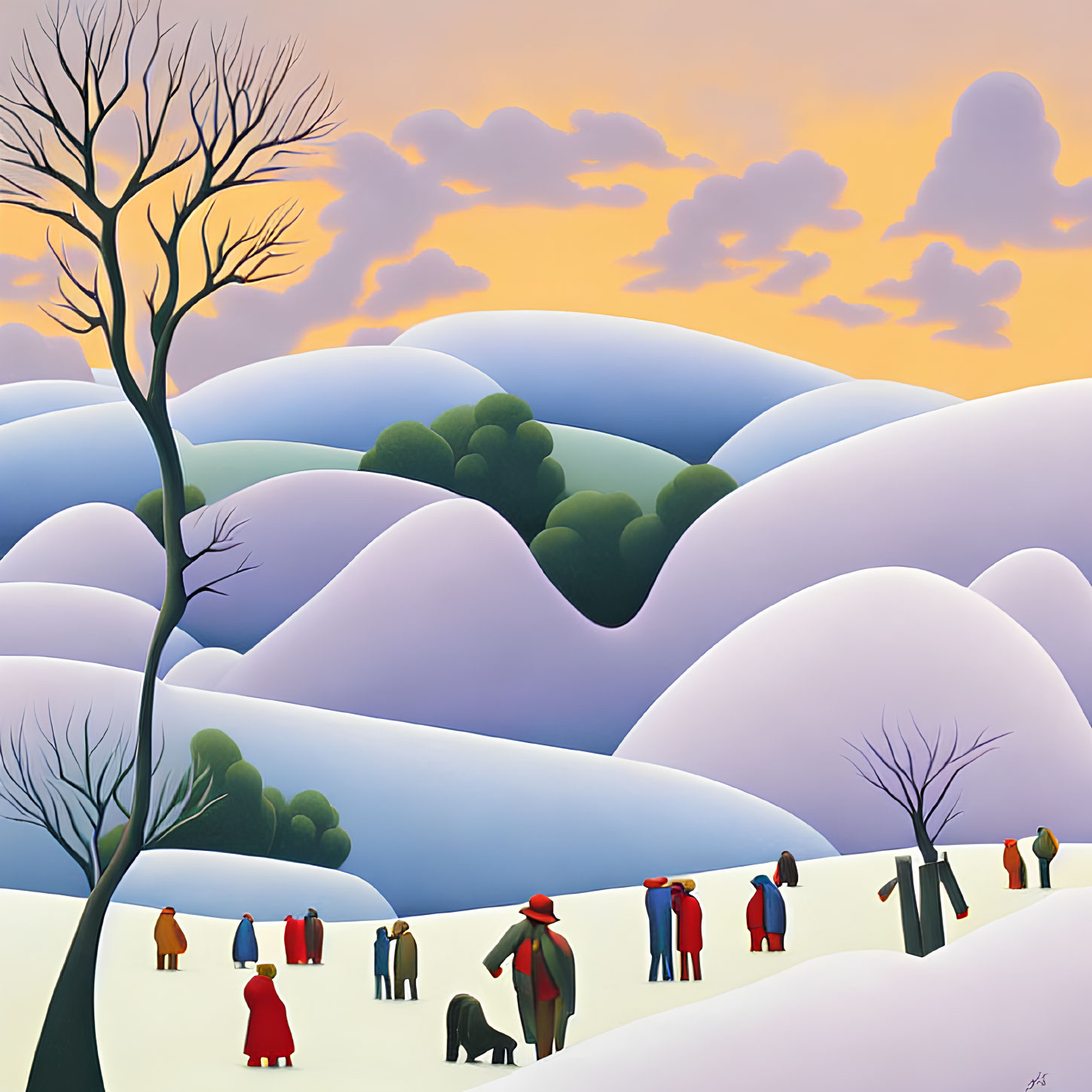 Colorful Coats Walking in Snowy Hills Under Sunset Sky