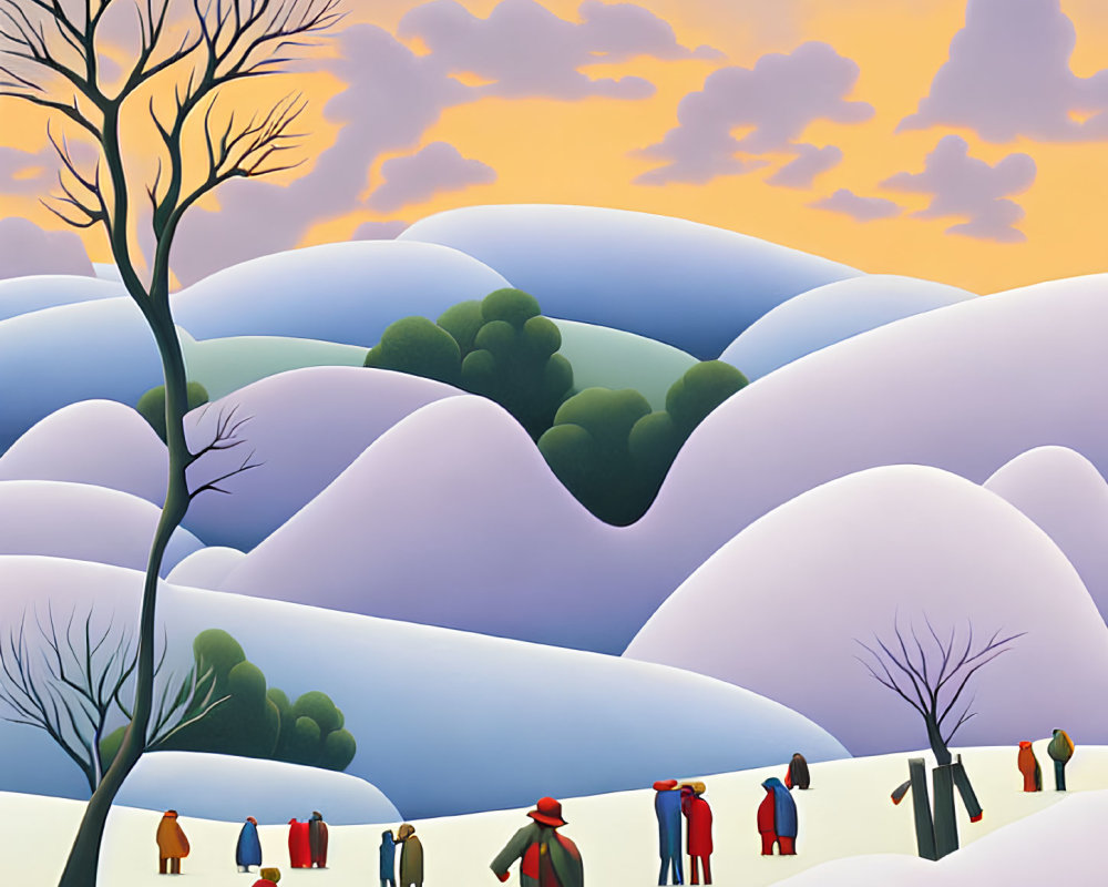 Colorful Coats Walking in Snowy Hills Under Sunset Sky