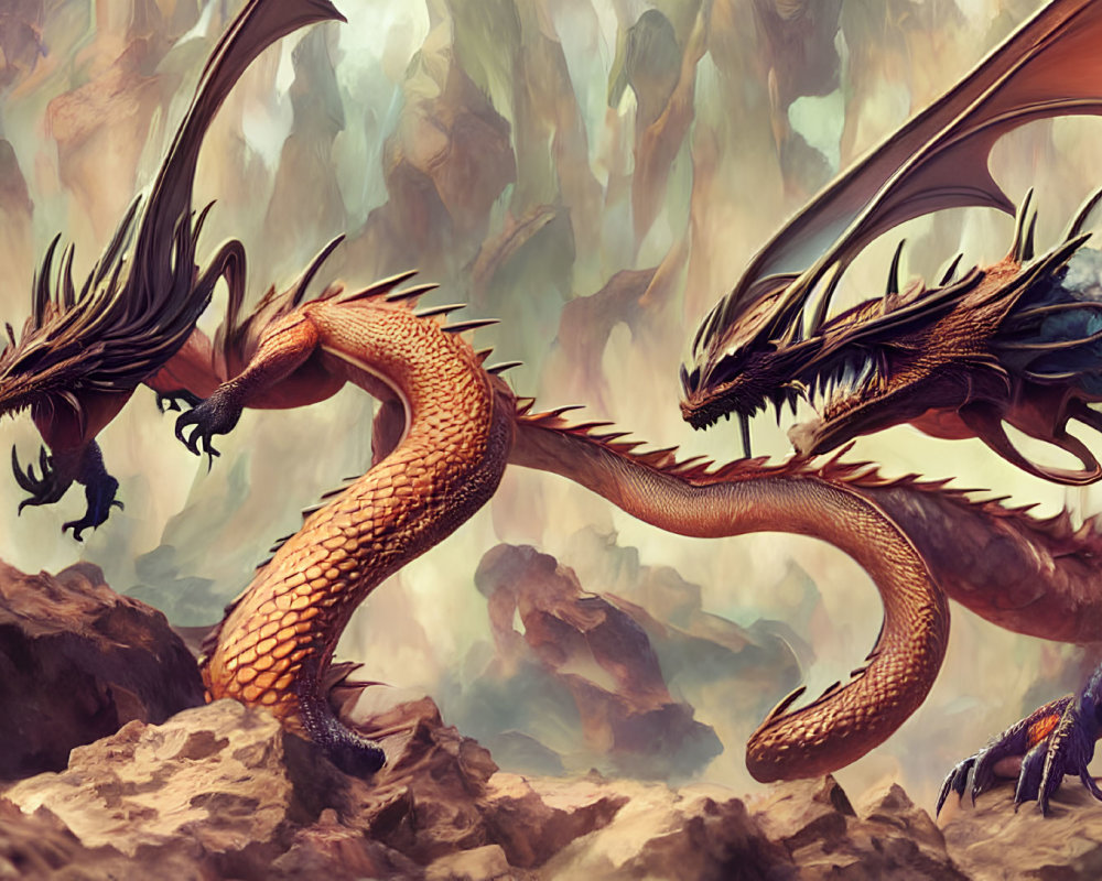 Majestic dragons face off in rocky landscape with towering spires