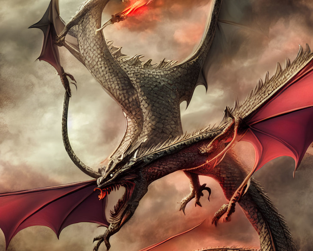 Red-winged dragon breathing fire in the sky with sharp claws