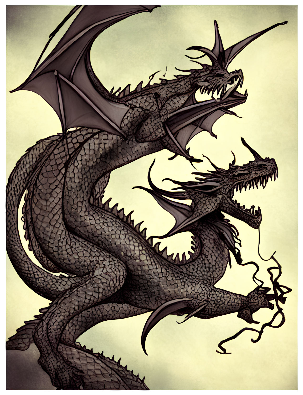 Illustration of fierce dragon with spread wings, sharp horns, and fire breath on parchment background