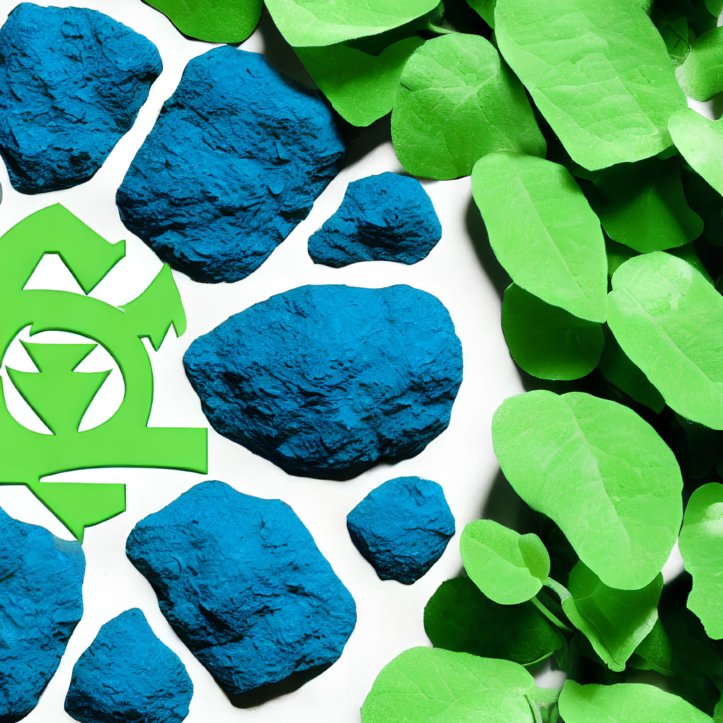 Bright Blue Rocks and Green Leaves with Recycling Symbol on White Background