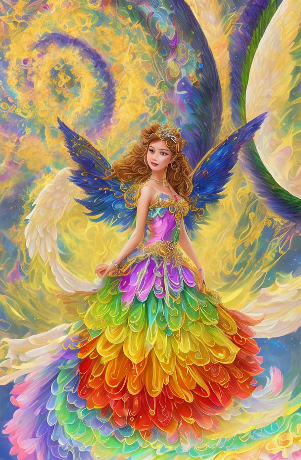 Colorful Fairy Illustration with Large Wings and Flower Petal Dress