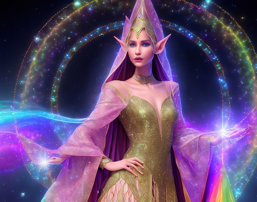 Elven Queen in Golden Attire with Cosmic Galaxy Background