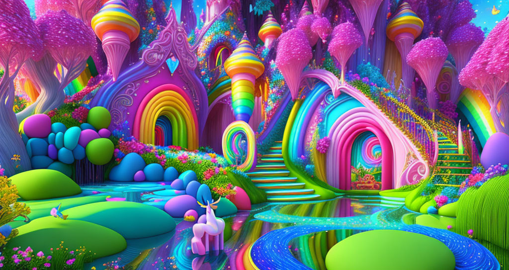 Fantastical landscape with whimsical trees, colorful foliage, blue river, and pastel unicorn.