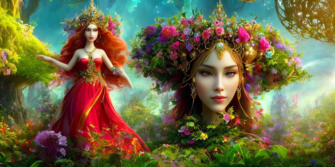 Fantasy women in enchanted forest: one in red dress, one with floral crown