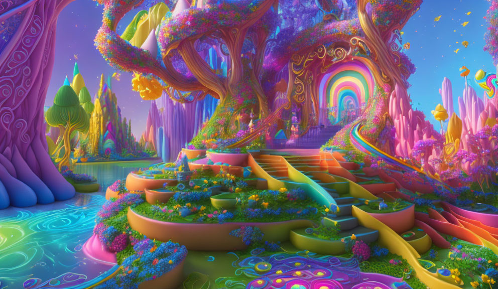 Colorful Trees, Rainbow, Cascading Steps: Fantastical Landscape with Magical River