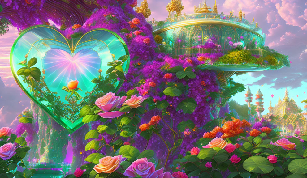 Fantastical landscape with iridescent heart-shaped gateway and lush flora