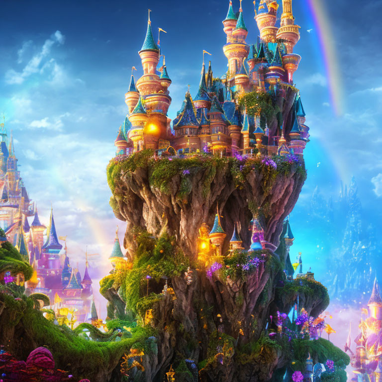 Fantastical castle on floating island with rainbow and lush greenery