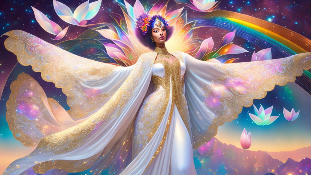 Fantastical woman with butterfly wings in cosmic setting