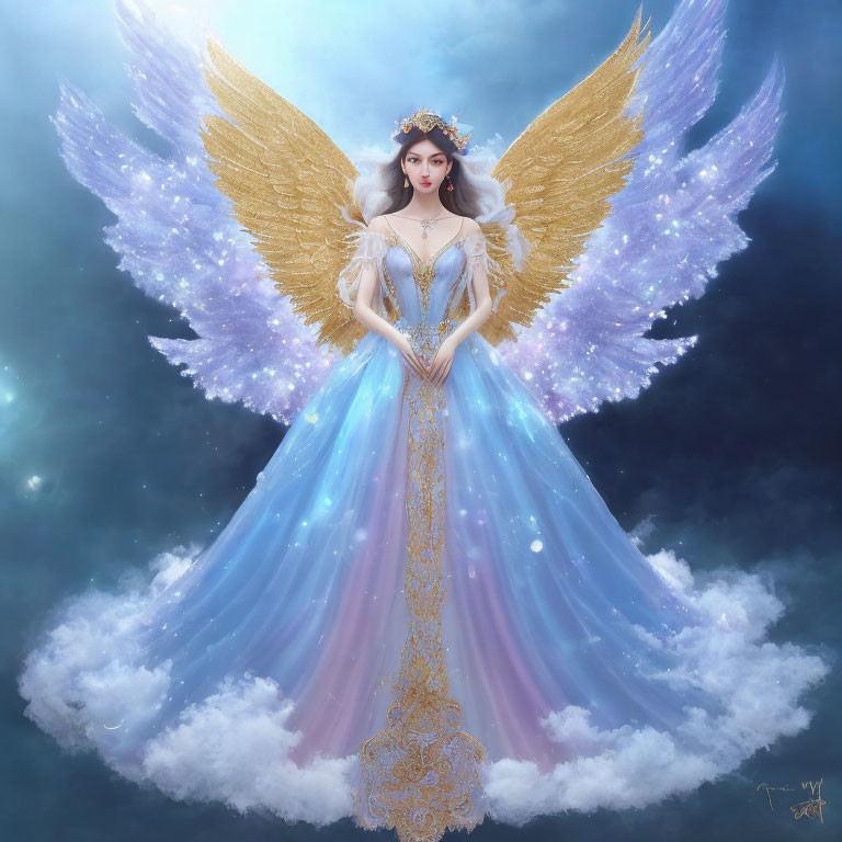 Majestic ethereal figure with golden and pastel wings in ornate blue dress.