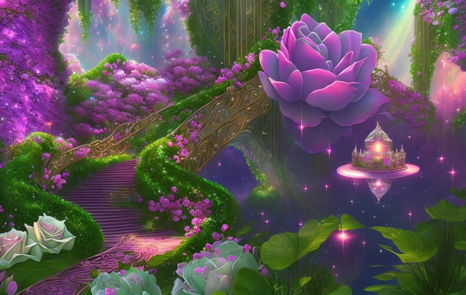 Fantasy Garden with Purple Flower, Glowing Lights, Grand Staircase, and Floating Florals