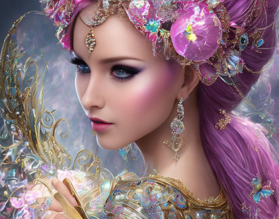 Fantasy-inspired image of woman with purple hair and ornate jewelry