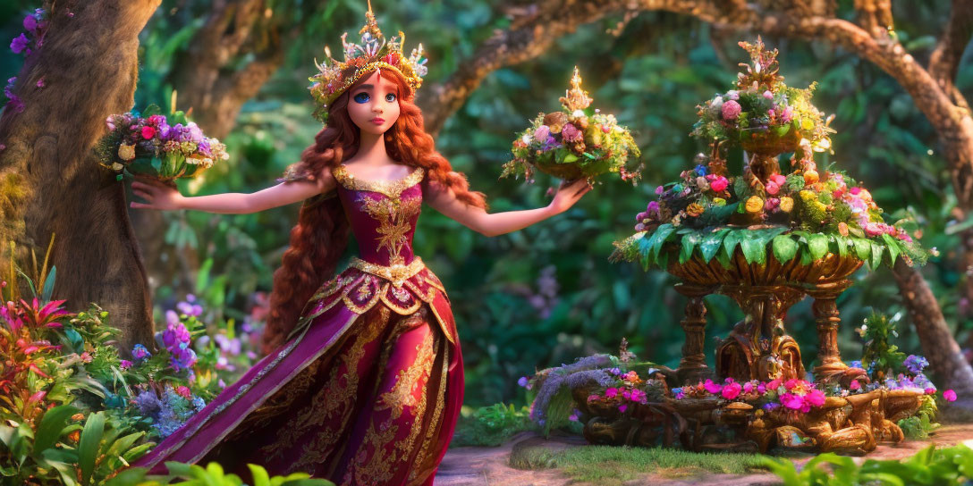 Red-haired animated princess in detailed gown with flowers in magical forest