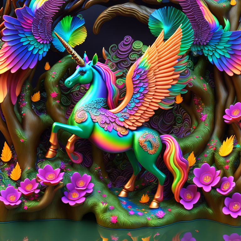 Colorful winged unicorn in magical forest with radiant flowers