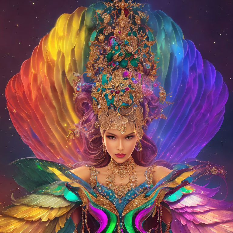 Colorful Peacock-Themed Crown on Woman in Cosmic Setting