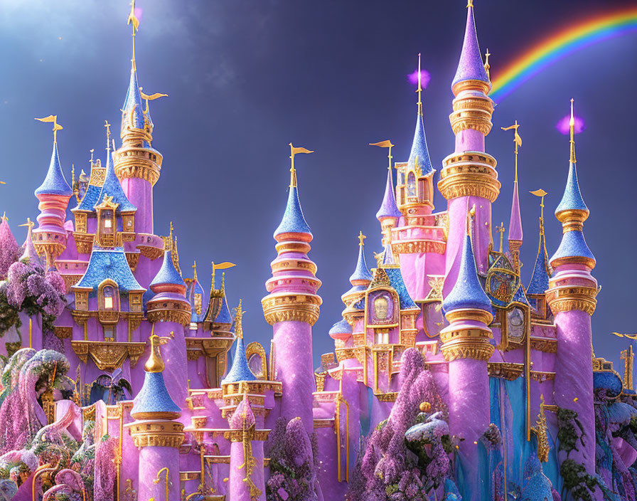 Pastel-colored fairy tale castle with rainbow in sky