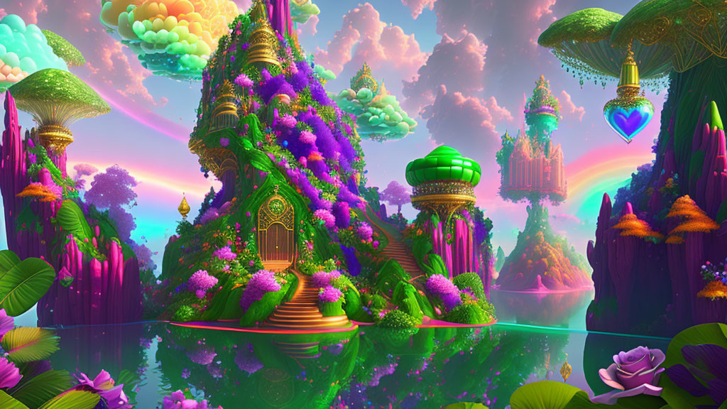 Colorful fantasy landscape with floating islands and rainbow