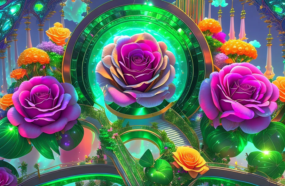 Surreal image of large purple and pink roses in ornate architectural setting