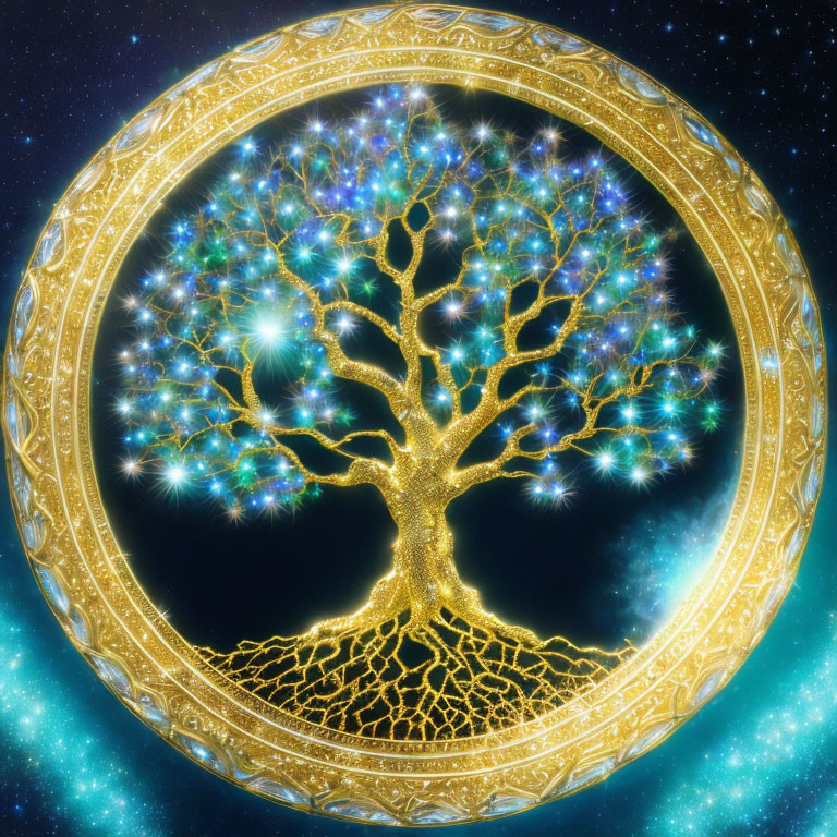 Golden Tree with Radiant Branches in Circular Frame on Starry Background