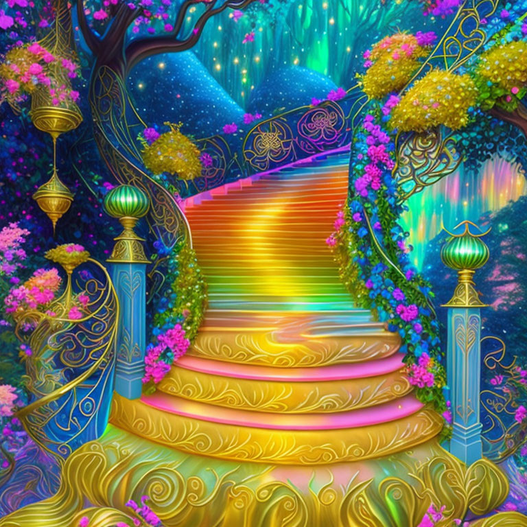 Fantasy forest with rainbow staircase and golden railings