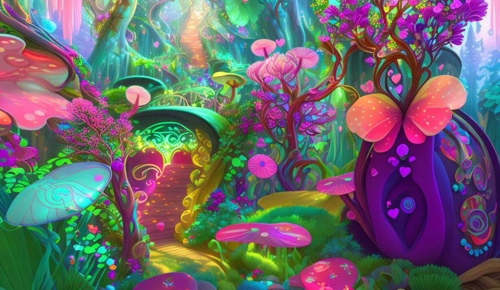 Fantastical forest with luminous plants and oversized mushrooms