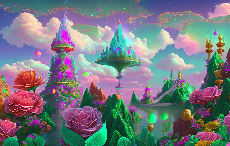 Fantasy landscape with floating islands and colorful sky