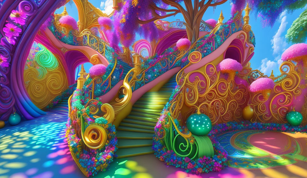 Vibrant, whimsical landscape with spiraling staircase and colorful flora