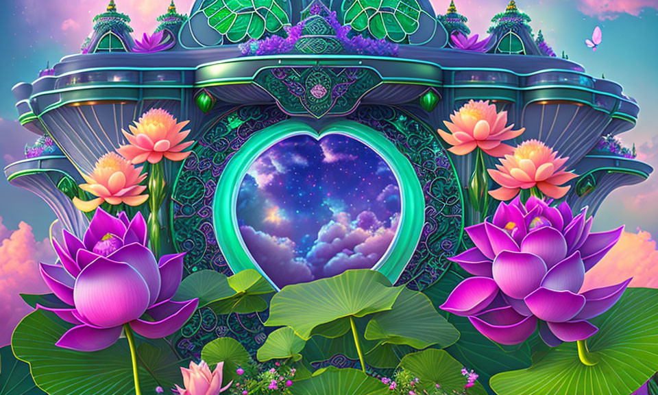 Elaborate Fantasy Palace with Pink Lotus Flowers and Heart-Shaped Portal