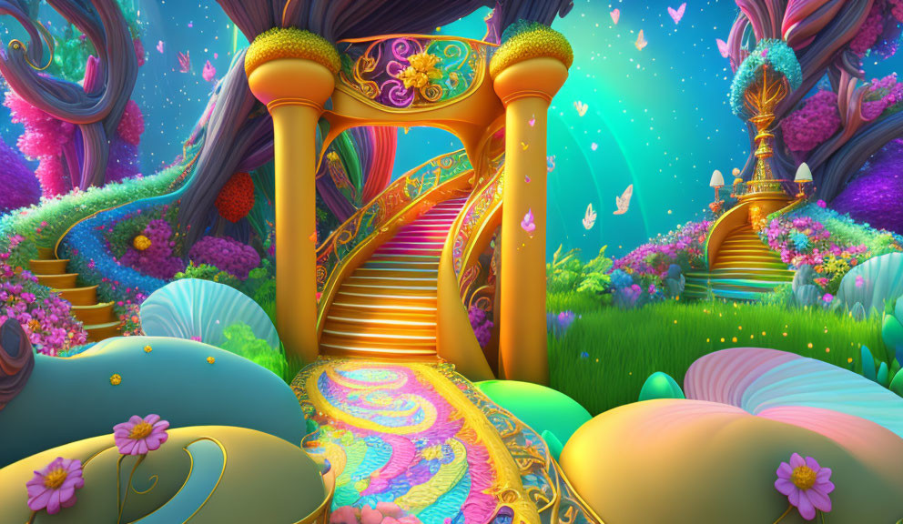 Fantasy landscape with golden staircase, ornate pillars, and whimsical flora