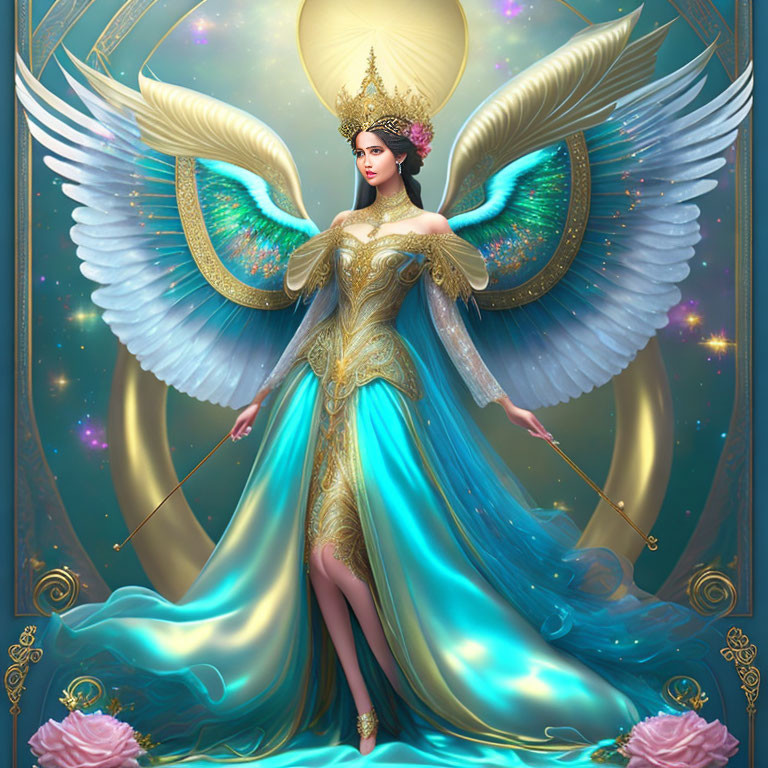 Majestic winged figure in teal and gold gown with celestial motifs.