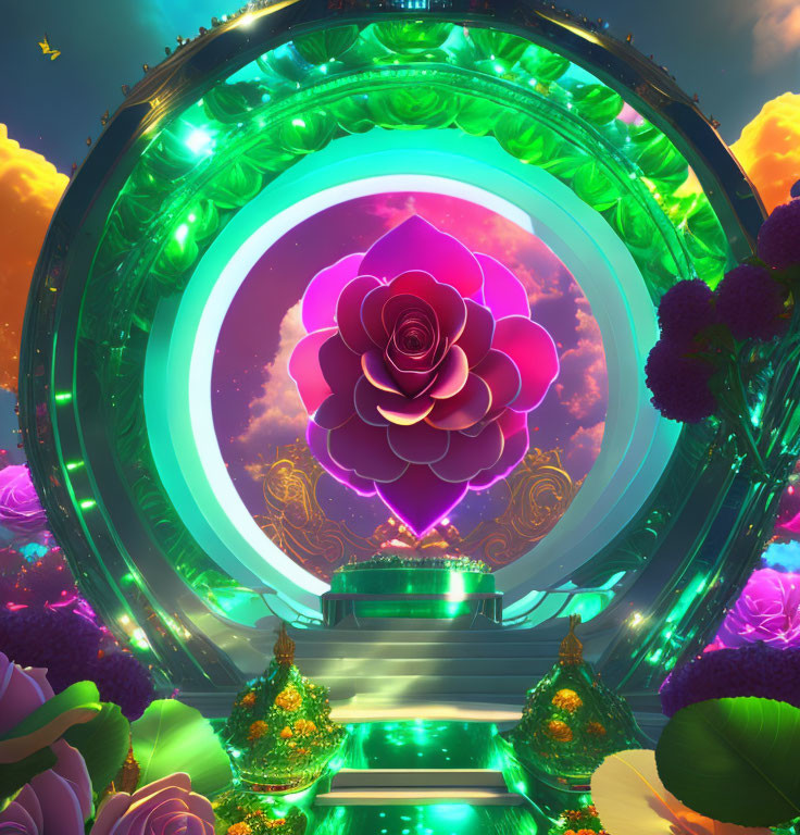 Fantasy 3D portal with golden trims, flowers, foliage, and glowing rose