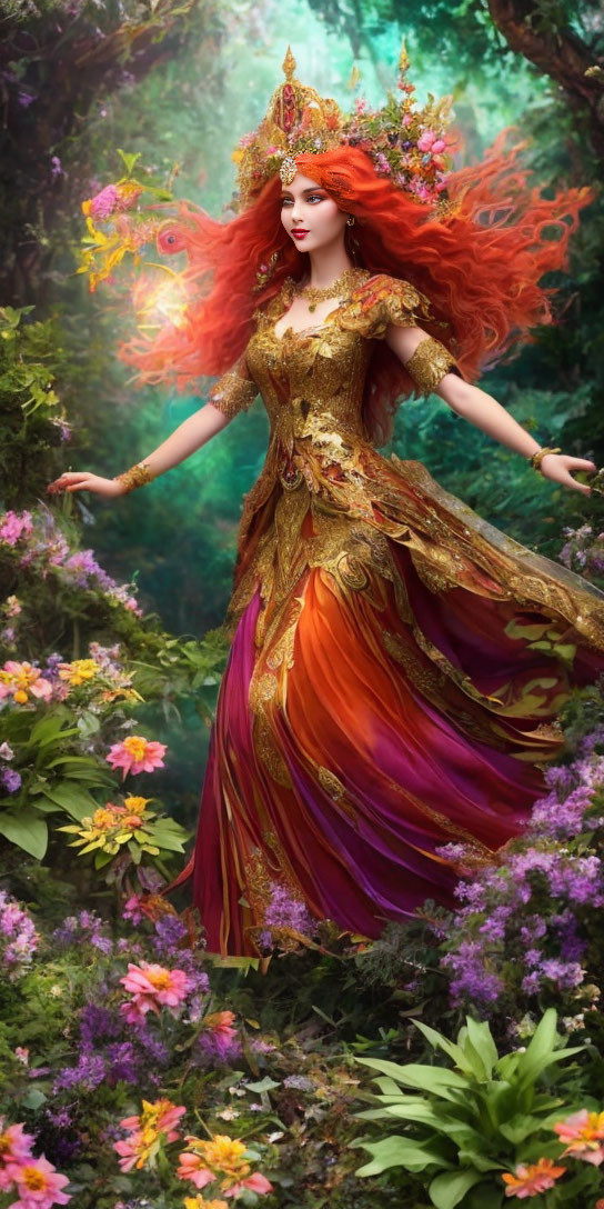 Fantasy illustration: Woman with red hair in ornate dress among blooming flowers