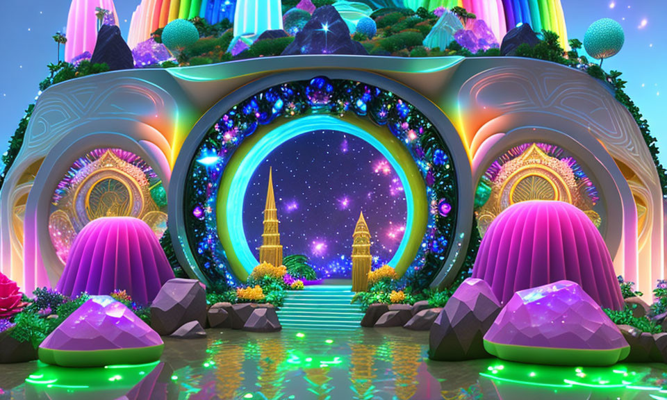 Colorful fantasy landscape with arched gateway and glowing crystals