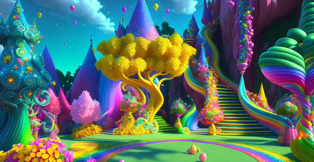 Colorful fantasy landscape with whimsical trees and magical castles