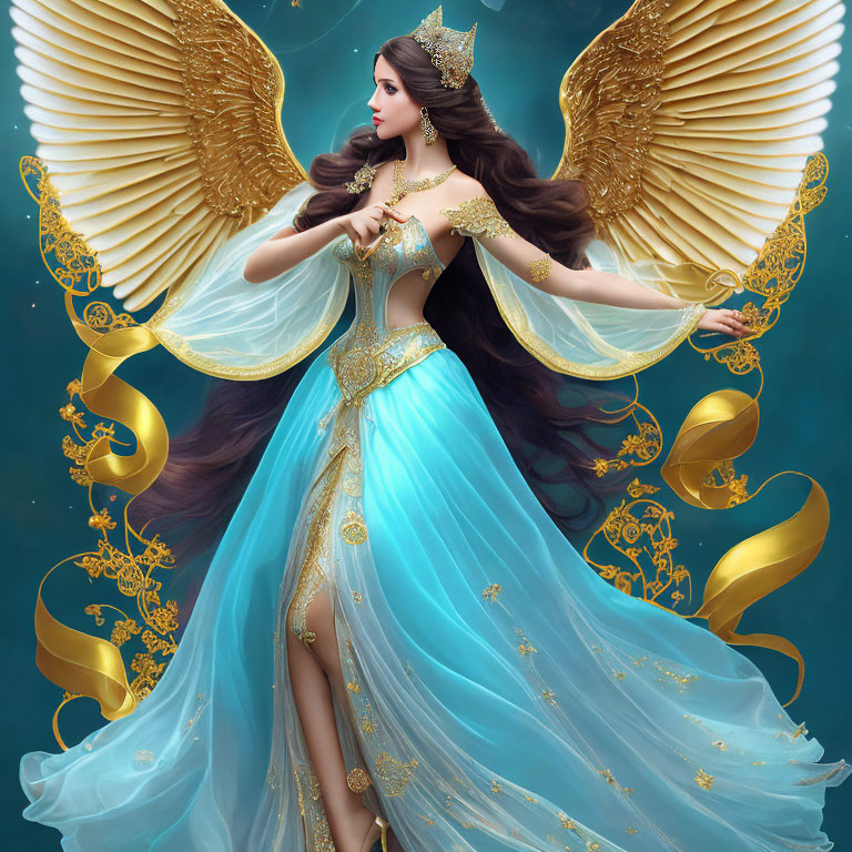 Golden-winged woman in blue gown and jewels on teal background