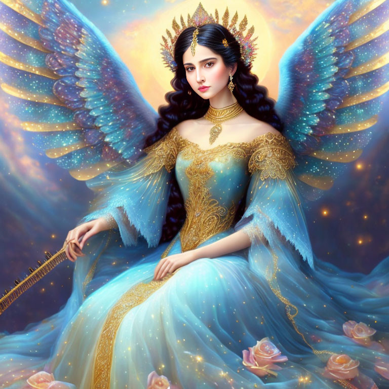 Ethereal figure with angelic wings in blue dress and harp against celestial backdrop