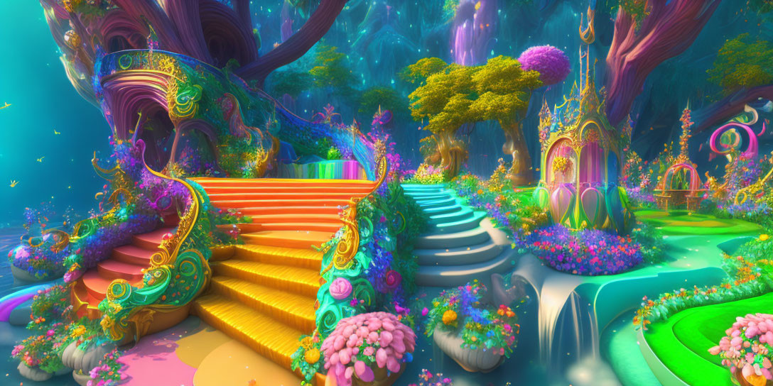 Fantastical rainbow stairs, whimsical trees, colorful flora, and glowing sky
