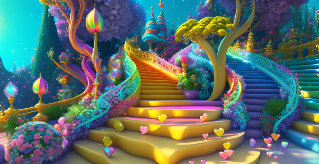 Colorful fantasy landscape with whimsical trees, glowing staircase, and heart-shaped decorations