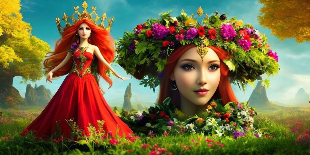 Fantasy Female Characters with Floral Crowns in Lush Meadow