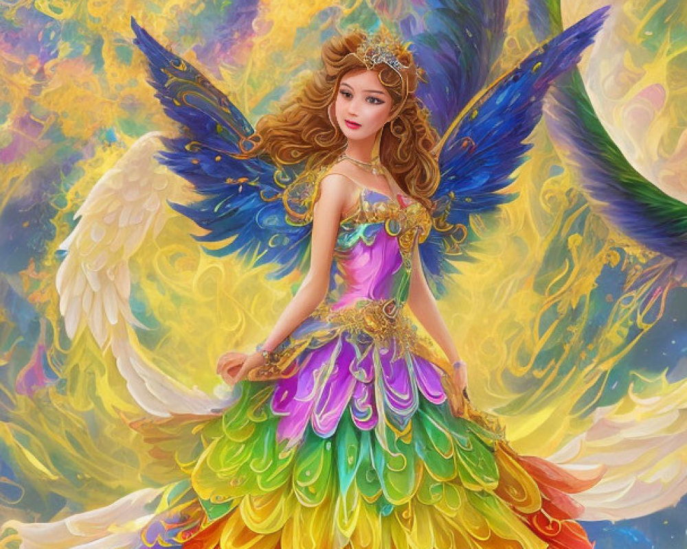 Colorful Fairy Illustration with Large Wings and Flower Petal Dress