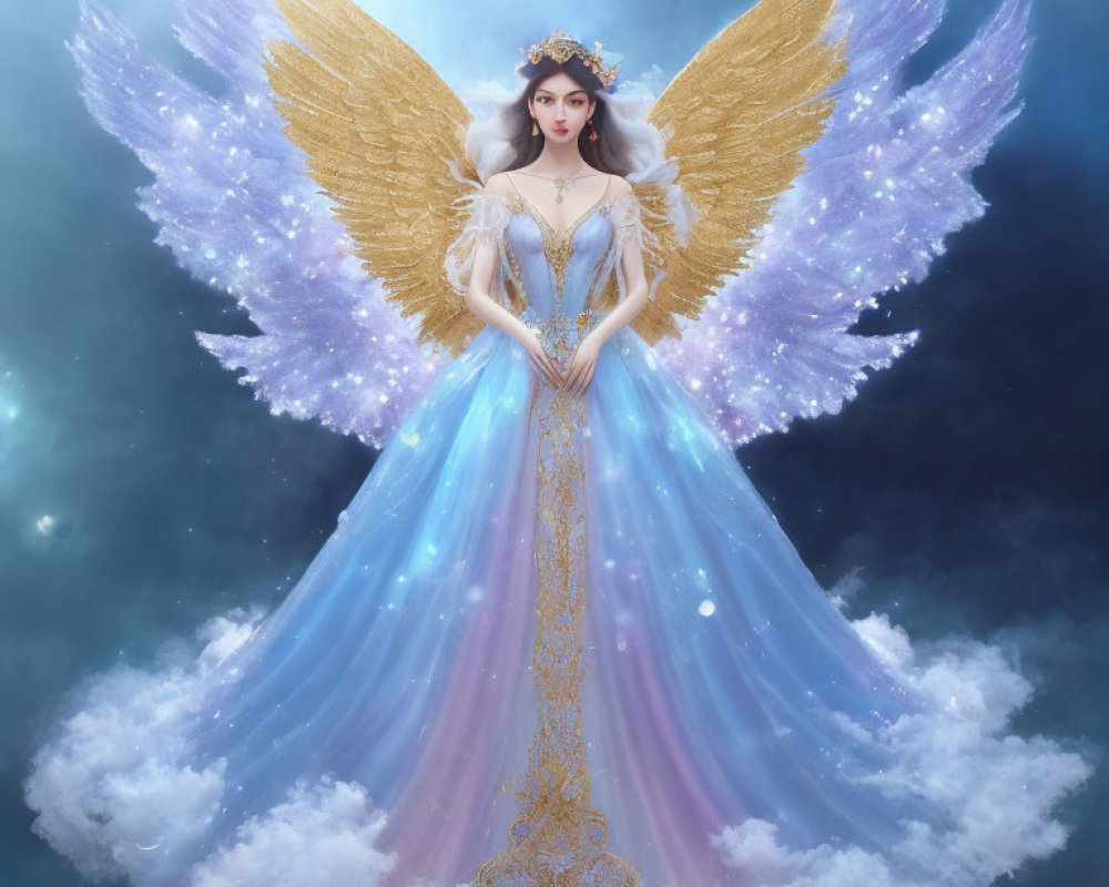 Majestic ethereal figure with golden and pastel wings in ornate blue dress.