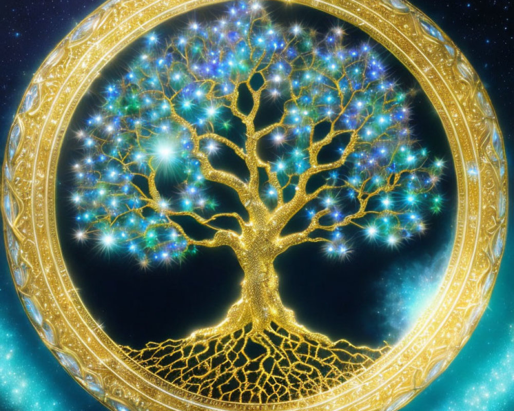 Golden Tree with Radiant Branches in Circular Frame on Starry Background