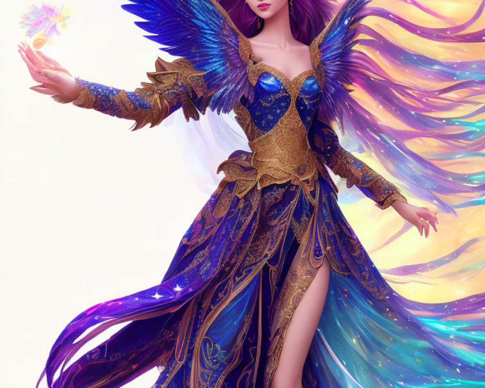 Fantasy female character with iridescent wings and glowing orb in blue and gold attire