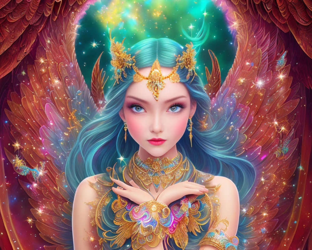 Colorful illustration of mystical woman with blue hair, golden jewelry, feathered wings, and space-themed