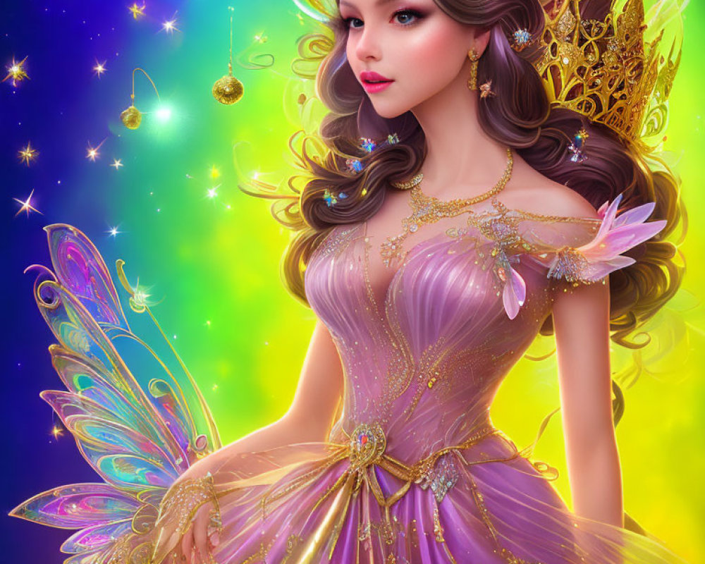 Fantastical digital art: fairy princess in purple dress with golden crown and wings in starry background