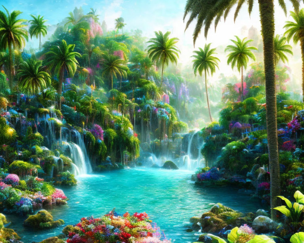 Lush Paradise with Waterfalls, Flowers, and Blue River