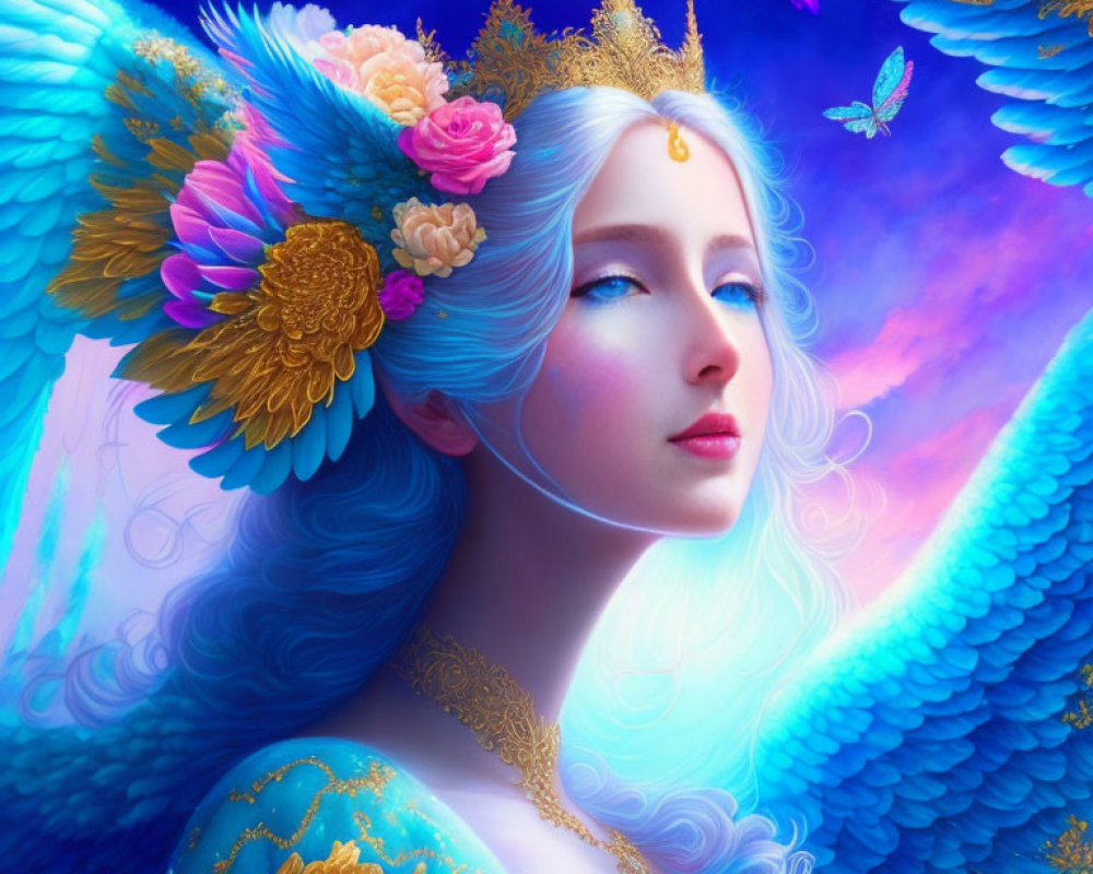 Fantastical digital artwork: Angelic woman with blue wings and golden crown.